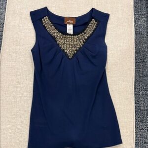 Navy Sleeveless Knit Top with Gold Metallic Embellishments